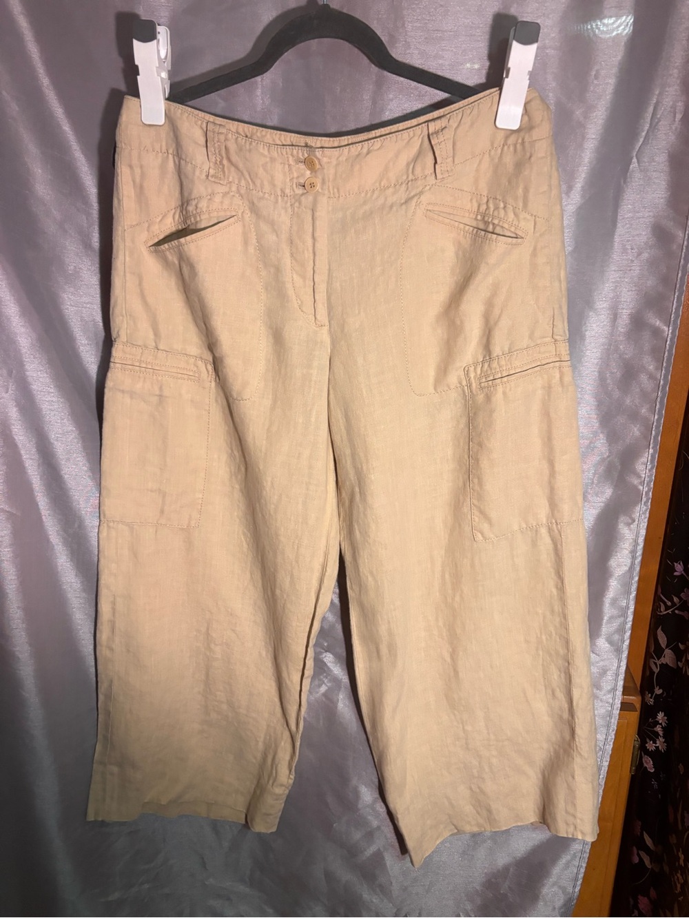 DKNY Beige Cropped Wide-Leg Linen Blend Pants